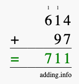 Calculate 614 + 97 using long addition
