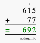 Calculate 615 + 77 using long addition