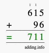 Calculate 615 + 96 using long addition