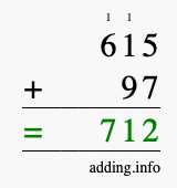 Calculate 615 + 97 using long addition