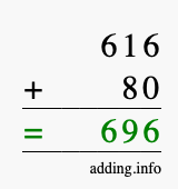 Calculate 616 + 80 using long addition