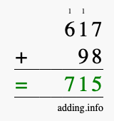 Calculate 617 + 98 using long addition