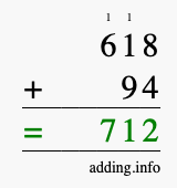 Calculate 618 + 94 using long addition