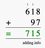 Calculate 618 + 97 using long addition