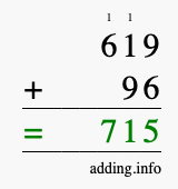Calculate 619 + 96 using long addition