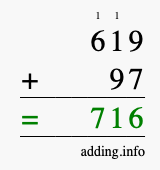 Calculate 619 + 97 using long addition