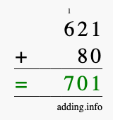 Calculate 621 + 80 using long addition
