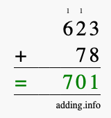 Calculate 623 + 78 using long addition
