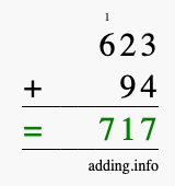 Calculate 623 + 94 using long addition