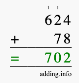 Calculate 624 + 78 using long addition