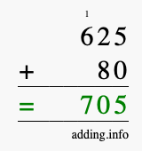 Calculate 625 + 80 using long addition