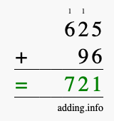 Calculate 625 + 96 using long addition