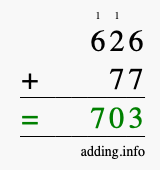 Calculate 626 + 77 using long addition