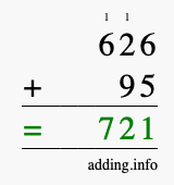 Calculate 626 + 95 using long addition