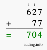 Calculate 627 + 77 using long addition