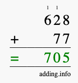 Calculate 628 + 77 using long addition