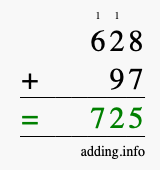 Calculate 628 + 97 using long addition