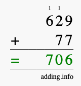 Calculate 629 + 77 using long addition