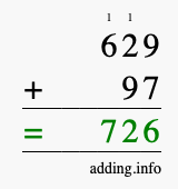 Calculate 629 + 97 using long addition