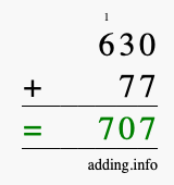 Calculate 630 + 77 using long addition