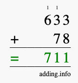Calculate 633 + 78 using long addition