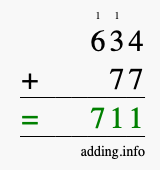 Calculate 634 + 77 using long addition