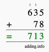 Calculate 635 + 78 using long addition