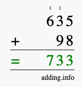 Calculate 635 + 98 using long addition