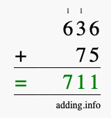 Calculate 636 + 75 using long addition