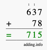 Calculate 637 + 78 using long addition