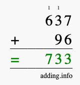 Calculate 637 + 96 using long addition
