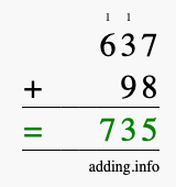 Calculate 637 + 98 using long addition
