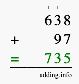 Calculate 638 + 97 using long addition