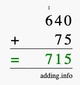 Calculate 640 + 75 using long addition