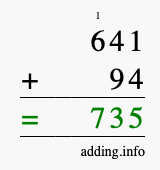 Calculate 641 + 94 using long addition