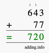 Calculate 643 + 77 using long addition
