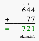 Calculate 644 + 77 using long addition