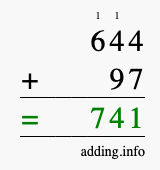 Calculate 644 + 97 using long addition