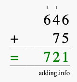 Calculate 646 + 75 using long addition