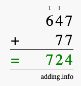 Calculate 647 + 77 using long addition