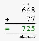 Calculate 648 + 77 using long addition