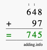 Calculate 648 + 97 using long addition