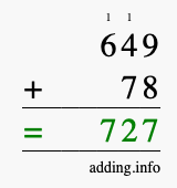Calculate 649 + 78 using long addition