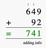 Calculate 649 + 92 using long addition