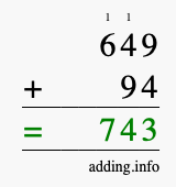 Calculate 649 + 94 using long addition