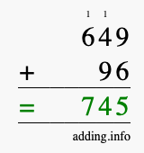 Calculate 649 + 96 using long addition