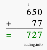 Calculate 650 + 77 using long addition
