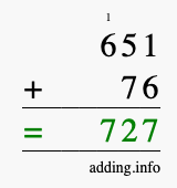 Calculate 651 + 76 using long addition