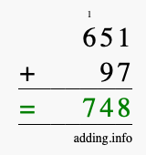 Calculate 651 + 97 using long addition
