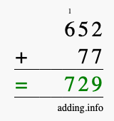 Calculate 652 + 77 using long addition